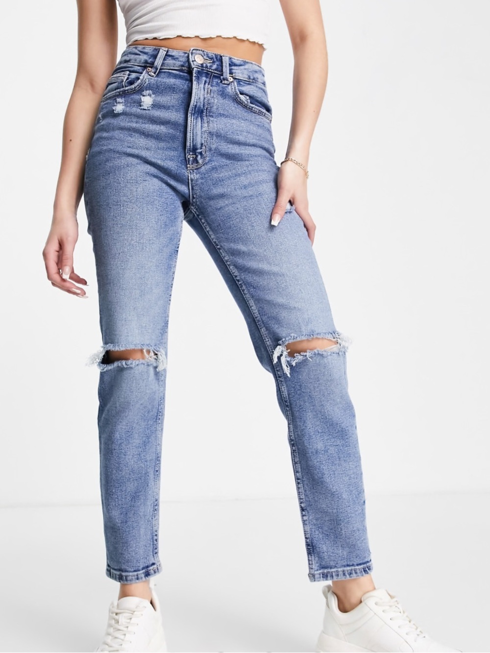 Stradivarius slim mom jean with stretch and rip in authentic blue